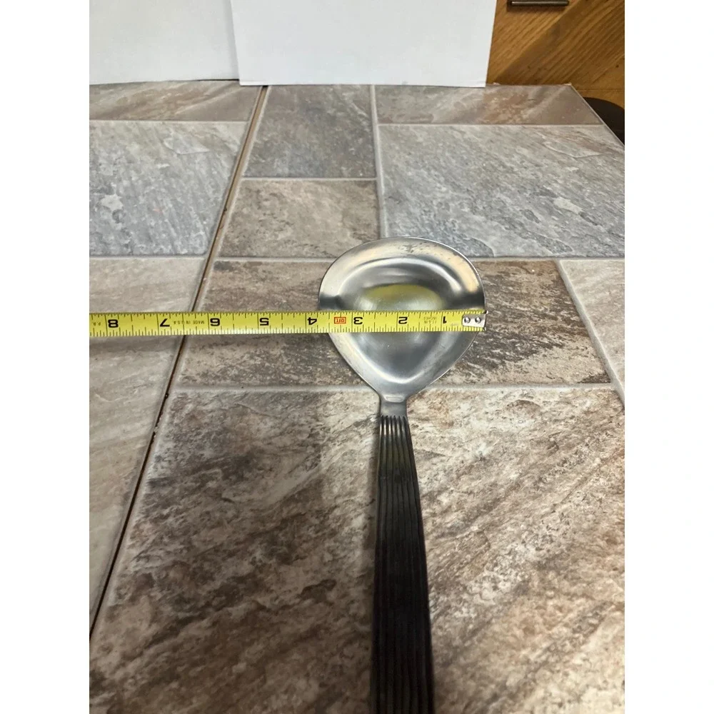 Sasaki Stainless Steel Gravy Ladle Ribbed Black Handle Mid Century Modern 10.25